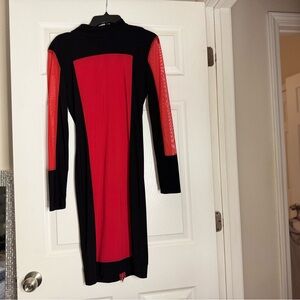 Black and Red Mesh Long Sleeve Dress